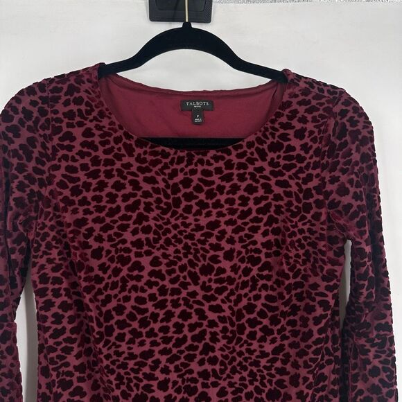 Talbots Velvet Burnout Bell Sleeve Top Women S Petite Burgundy Leopard Print - Picture 6 of 9